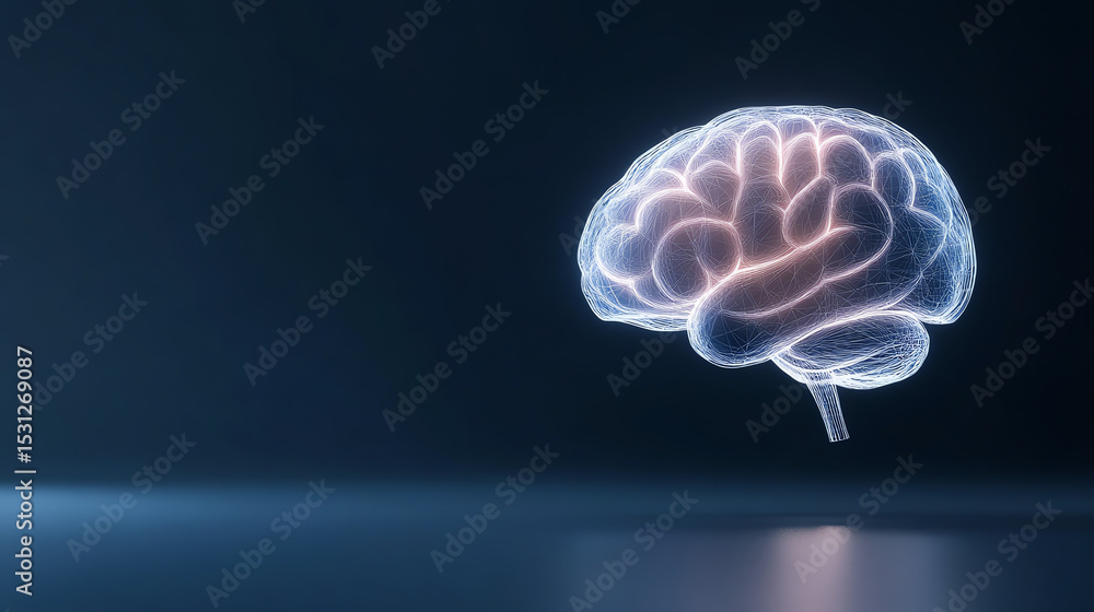 Poster A glowing, translucent brain image representing cognitive functions, creativity, and the complexities of the human mind.