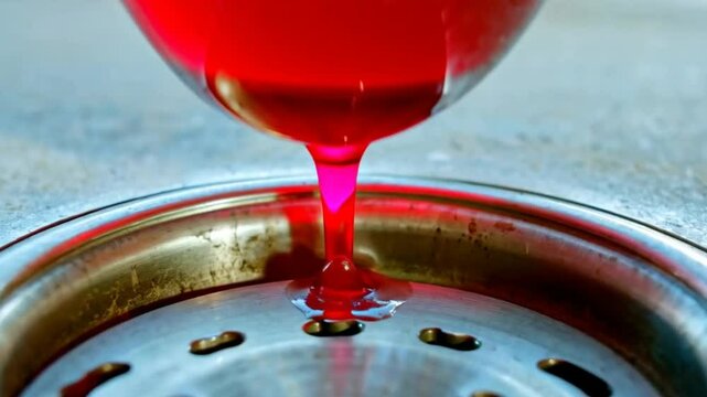 Close-up of vibrant red liquid slowly dripping into a cold metal drain, disappearing silently in loop, symbolizing loss, time and irreversible passage