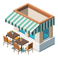 vector of a charming European-style corner café with striped awning, tables outside, isometric angle, white background
