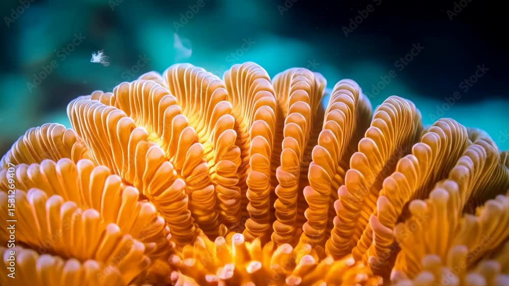 Poster vibrant orange brain coral macro close-up showing details of its unique structure in clear tropical 