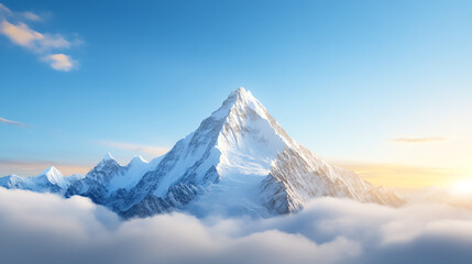 A majestic mountain peak emerges above the clouds, bathed in warm sunlight, symbolizing adventure and natural beauty.