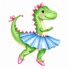 Fototapeta premium A cute green dinosaur dressed as a ballerina with a blue tutu, pink ballet shoes, and bows, dancing joyfully on a white background.