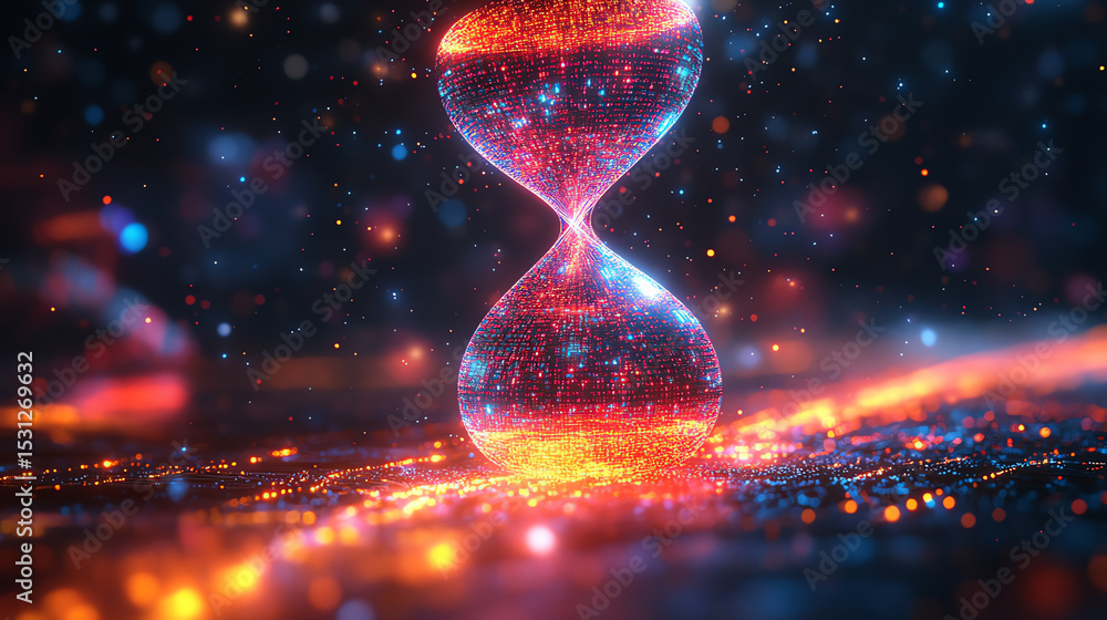 Poster a mesmerizing digital depiction of an hourglass, symbolizing the flow of time with vibrant colors an