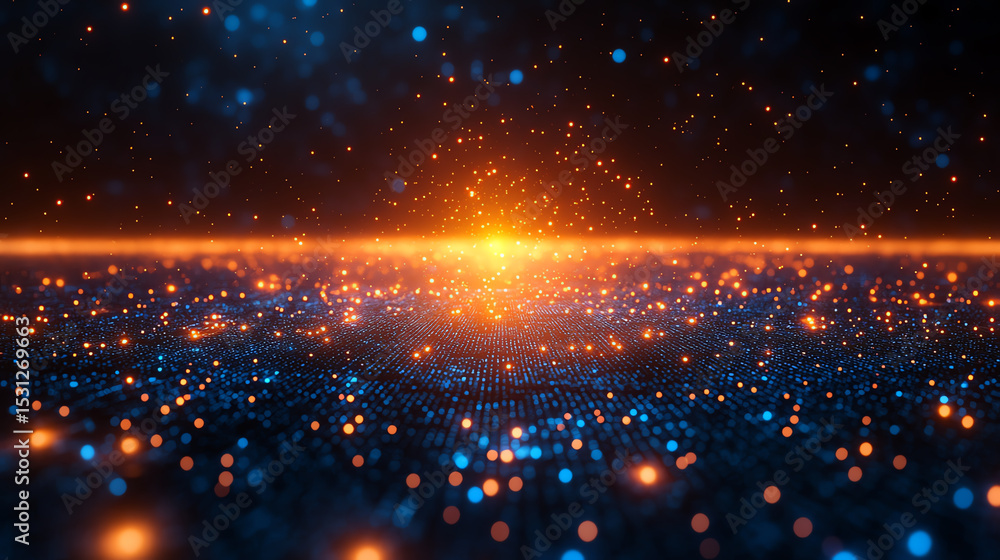 Poster a mesmerizing digital landscape featuring vibrant sparkles and glowing orbs against a dark backgroun