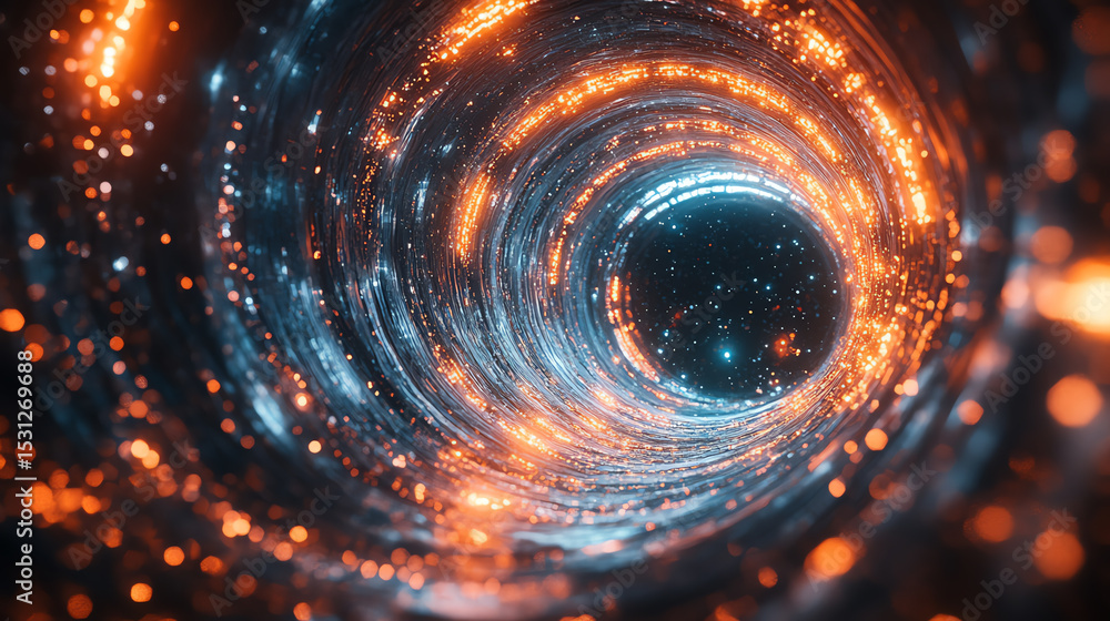 Poster a mesmerizing digital tunnel filled with glowing particles and vibrant colors, representing futurist