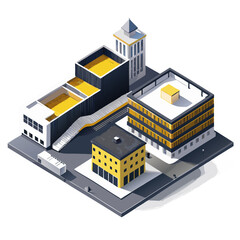 vector of a modern high school with sports field, multiple buildings, and pathways in isometric perspective, white background
