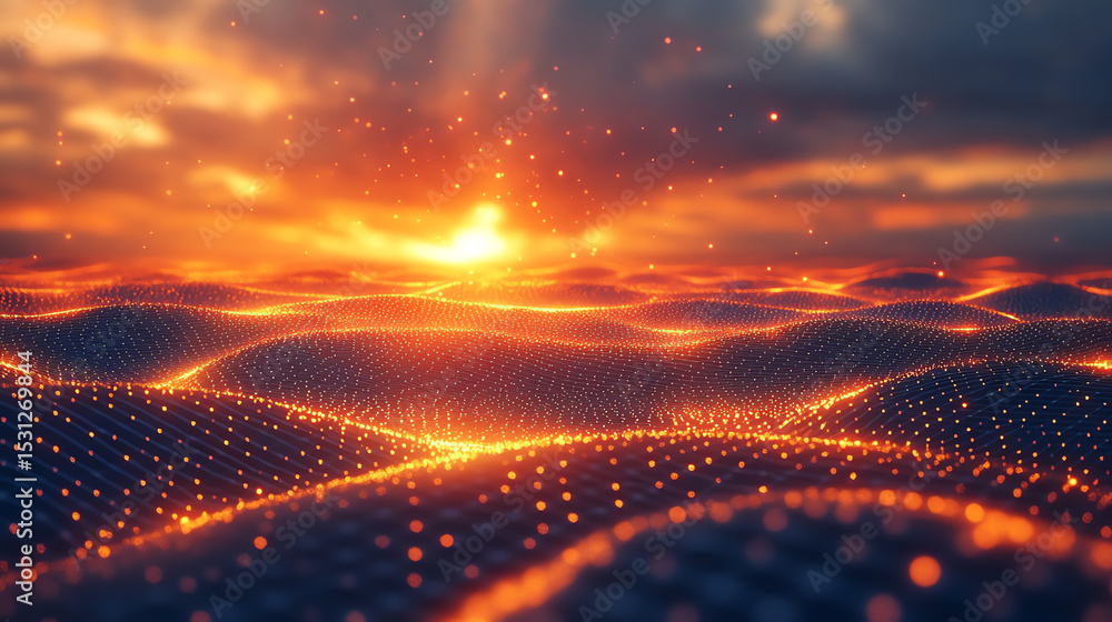Poster a mesmerizing sunset over digital waves, creating a stunning visual of nature and technology intertw