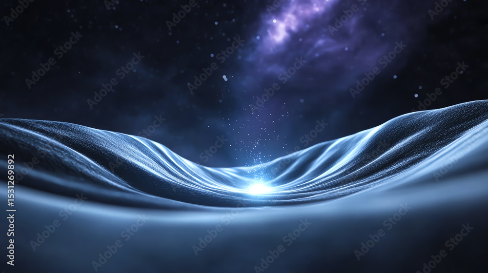 Aufkleber A mesmerizing view of cosmic waves illuminated by a distant light, creating an ethereal atmosphere in a star-filled universe.