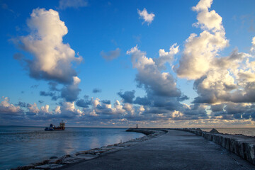Stone breakwater in bay, Atlantic Ocean coast, Figueira da Foz, Portugal