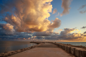 Stone breakwater in bay, Atlantic Ocean coast, Figueira da Foz, Portugal