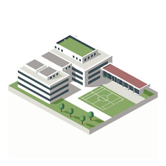 vector of a modern high school with sports field, multiple buildings, and pathways in isometric perspective, white background
