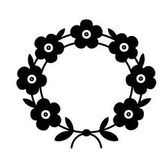 Black and white floral wreath, vector illustration, circular design element