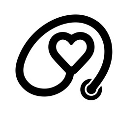Black and white vector illustration of a stethoscope with a heart inside, medical design element