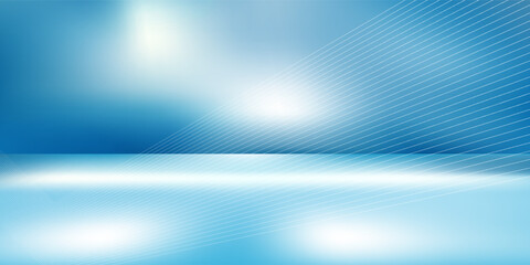 Panoramic abstract blue background for product presentation with sunlight and blurred shadows wall. Winter background.