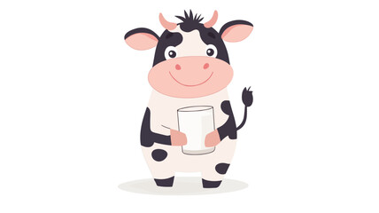 Fototapeta premium Cute Cartoon Cow Holding Glass of Milk Vector Illustration