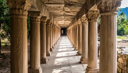 Fototapeta premium Ancient Stone Pillars along a Pathway with Carved Symbols