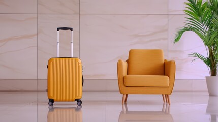 Bright yellow luggage next to modern armchair in stylish interior space with palm plant and elegant marble wall