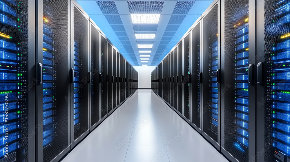 Aufkleber A modern data center featuring rows of server racks with bright LED indicators, showcasing the heart of digital information processing.