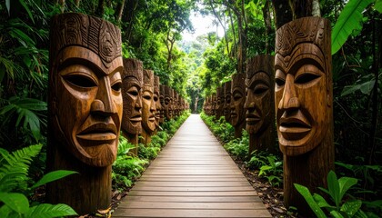 Pathway Surrounded by Carved Wooden Masks with Expressive Faces