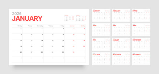 Monthly calendar layout for 2026 year. Diary planner for 2026 year. Week Starts on Monday. 