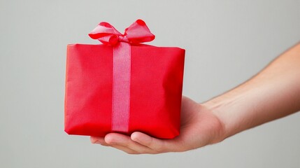 Hand presenting red gift box with pink ribbon in neutral festive setting