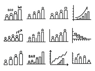 Obraz premium Bundle of Bar Graph and Growth Chart Icons Featuring Silhouette Figures Representing Business Analytics, Team Growth, and Performance Metrics in Minimal Line Style