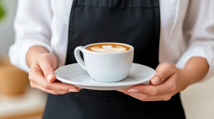 Close up on a barista serving a tray with a cup of beautifully crafted latte art in a cozy cafe setting