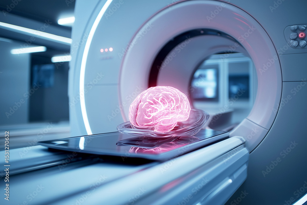 Poster hippocampus mri scan. mri scanner with brain model displayed on screen in a glowing setting.