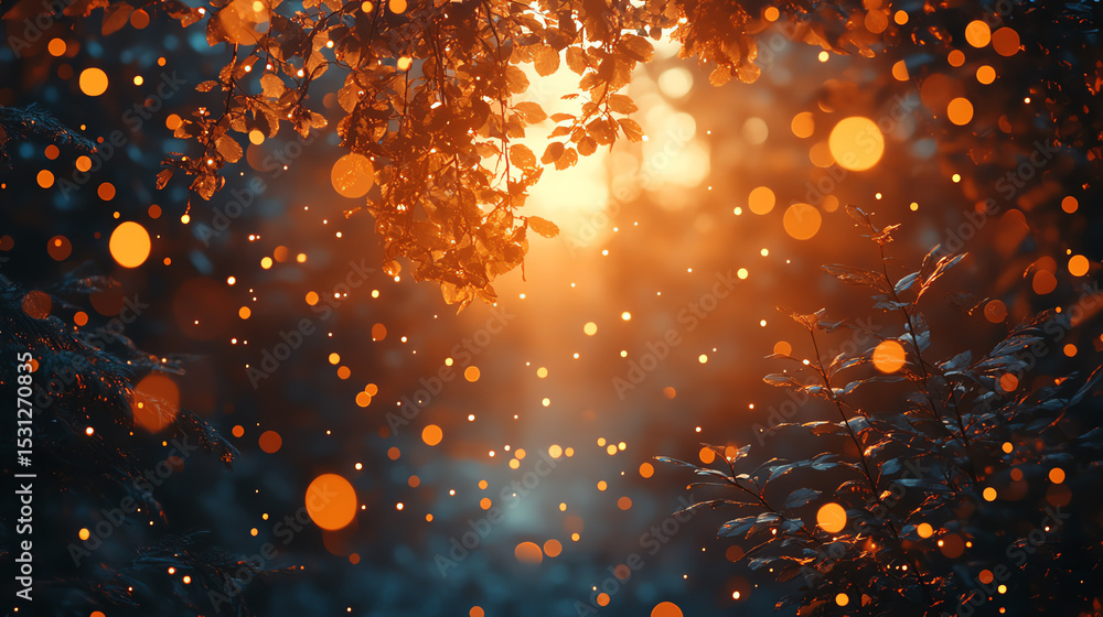Poster A serene forest scene illuminated by golden sunlight with sparkling bokeh effects, creating a magical and tranquil atmosphere.