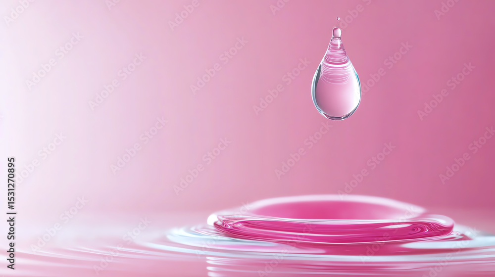 Poster a serene image depicting a single water droplet falling onto a calm pink surface, creating ripples o