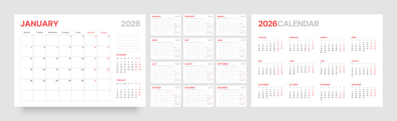 Monthly calendar layout for 2026 year. Diary planner for 2026 year. Week Starts on Monday. 