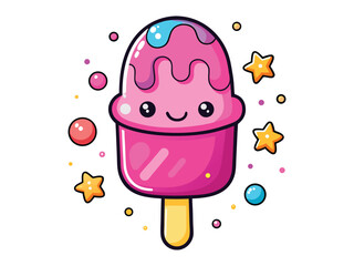 Kawaii Ice Cream Popsicle Illustration: Cute Cartoon Dessert with Sprinkles & Stars