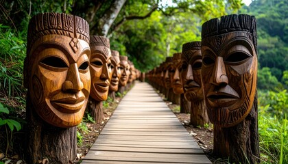 Carved Wooden Masks Lining a Pathway Surrounded by Lush Nature