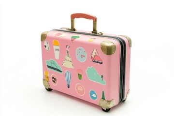 Pink suitcase with travel stickers isolated on white background