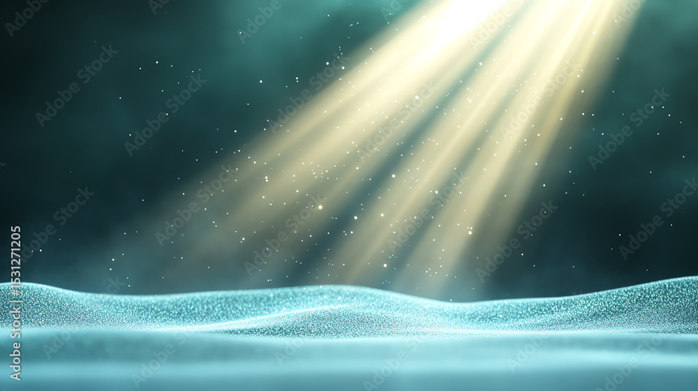 Poster a serene natural scene showcasing soft light beams penetrating through mist, creating a tranquil atm