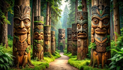 Carved Wooden Totems Along a Pathway Surrounded by Forest Spirits