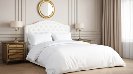 Fototapeta premium Elegant modern bedroom with white bedding and stylish decor featuring gold accents and soft natural light through windows