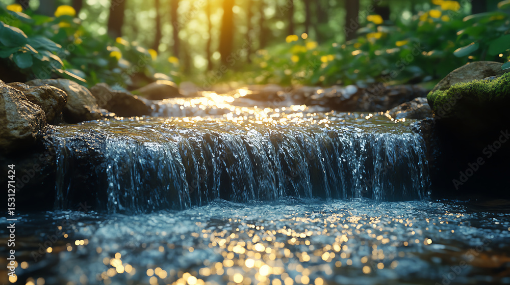 Aufkleber A serene stream flows through a lush forest, illuminated by warm sunlight filtering through the trees, creating a tranquil natural scene.