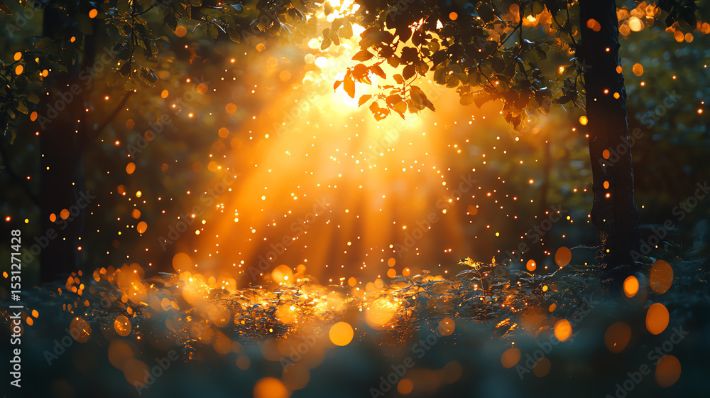 Poster A serene sunlit forest scene with golden rays streaming through leaves, creating a magical atmosphere filled with soft, glowing particles.