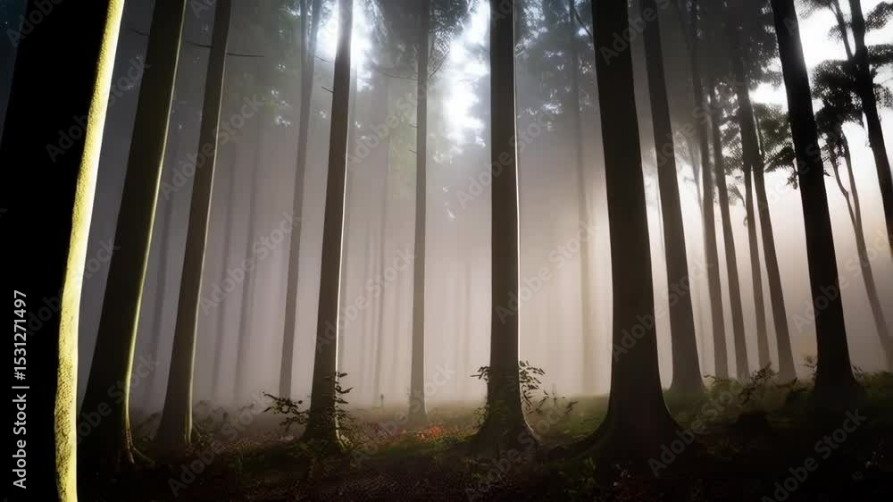 Poster low angle view into tranquil forest with tall trees and soft light filtering through morning mist, c