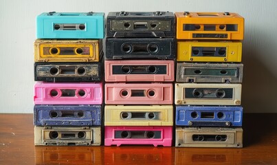 Obraz premium Stacked colorful audio cassettes