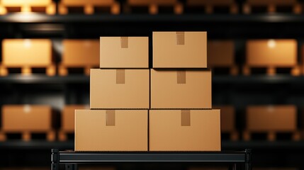 Stacked cardboard boxes on shelves in a warehouse setting with soft ambient lighting