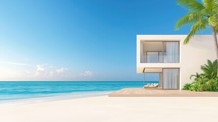 Modern beachfront villa with deck, palm trees, and clear blue water under a bright sky in a tropical paradise setting
