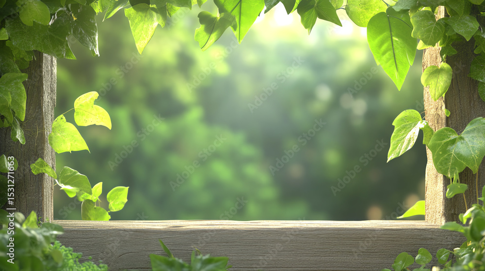 Poster a serene view through a wooden frame adorned with lush green leaves, evoking tranquility and connect