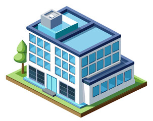 vector of a multi-story office building with glass windows and rooftop HVAC units in isometric view, isolated on white background
