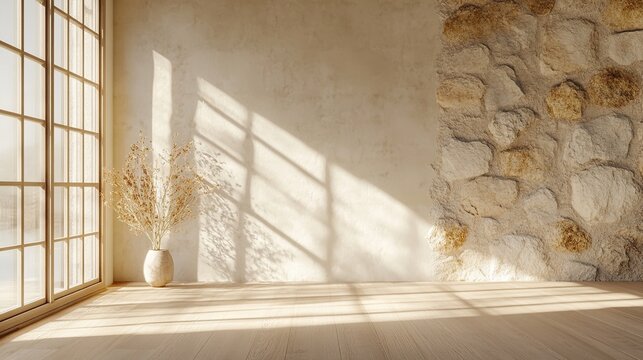 Warm interior space with rustic stone wall, dried floral arrangement, and sunlight streaming through a large window, creating a serene ambiance.