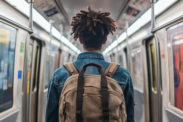 Urban subway scene with stylish person riding train through city local public transportation commute generative ai