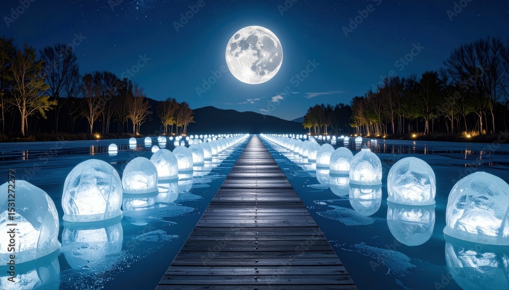 Poster pathway of floating ice sculptures in frozen lake illuminated by moon
