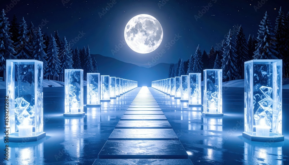 Poster pathway of floating ice sculptures illuminated by the moon