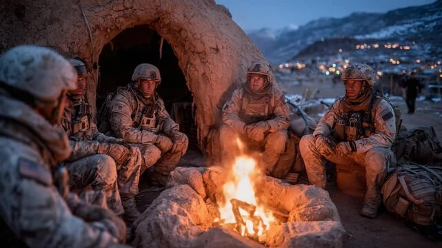 American Soldiers Gather Around a Campfire in the Mountains during a nighttime training